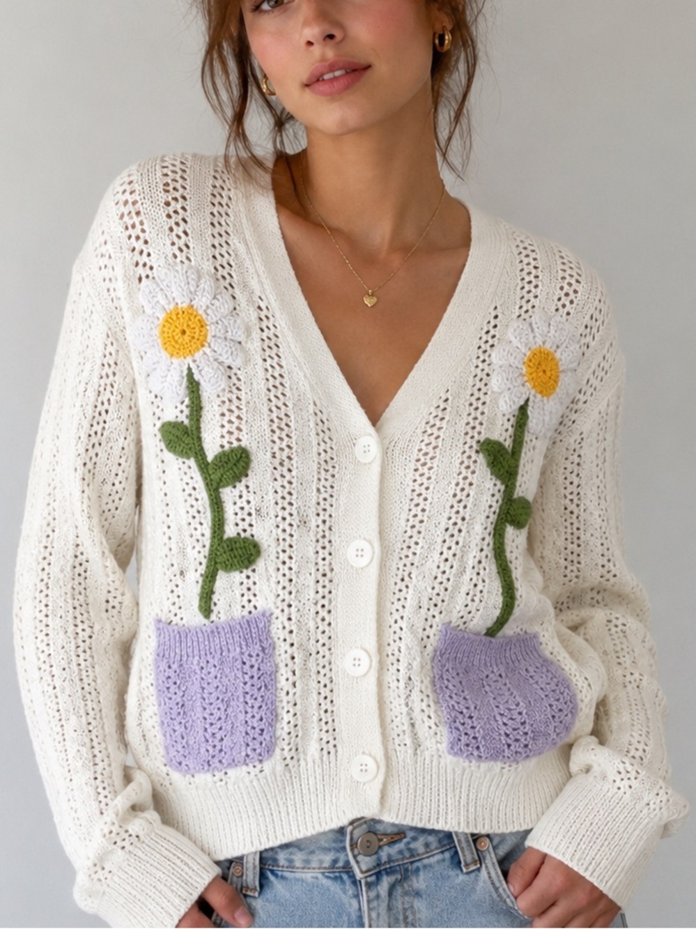 MOSCHINO Daisy Flower Crochet Cardigan Novelty Knit Coquette Cottagecore